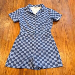 Womens Entro Blue Checkered Romper Jumpsuit Short Sleeve Collared Size Small